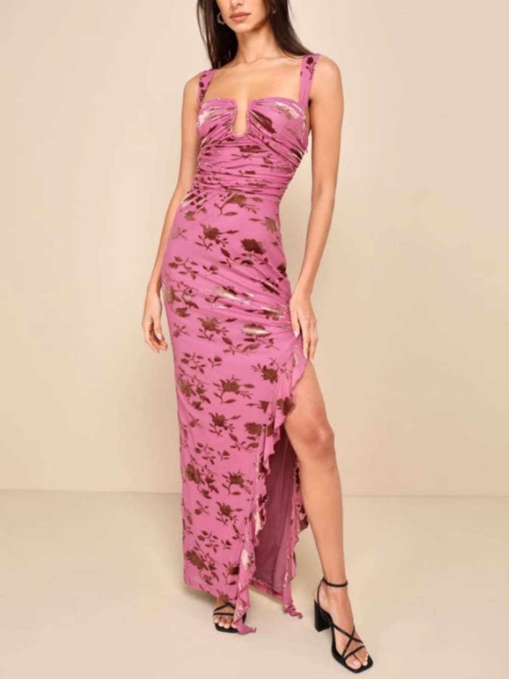 Pink Floral Ruched Maxi Dress with High Slit – Size L